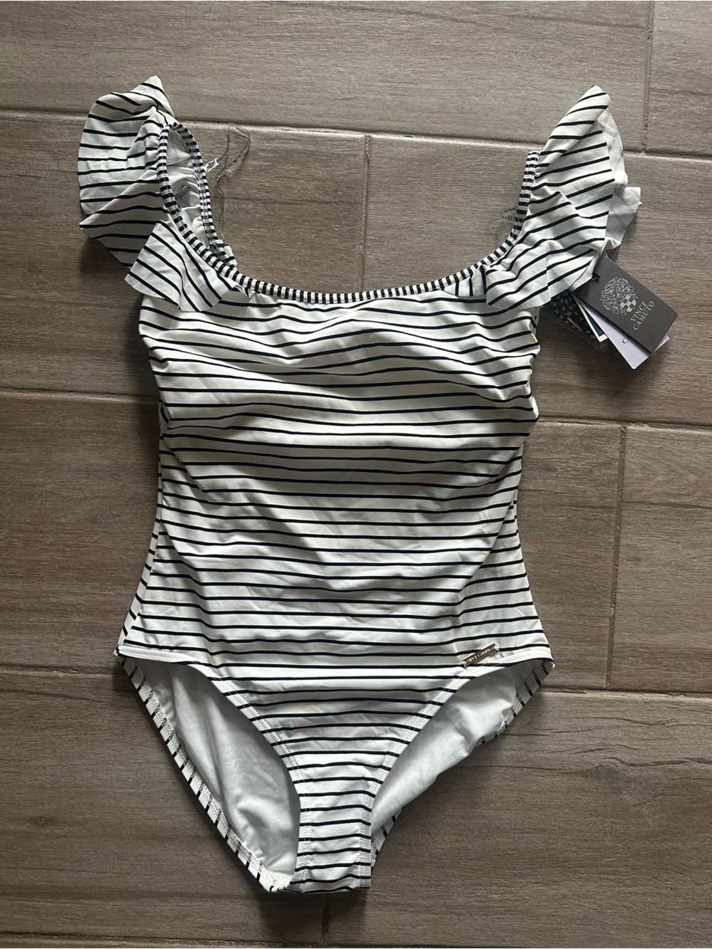 Vince Camuto Black & White Striped Ruffle One-Piece Swimsuit